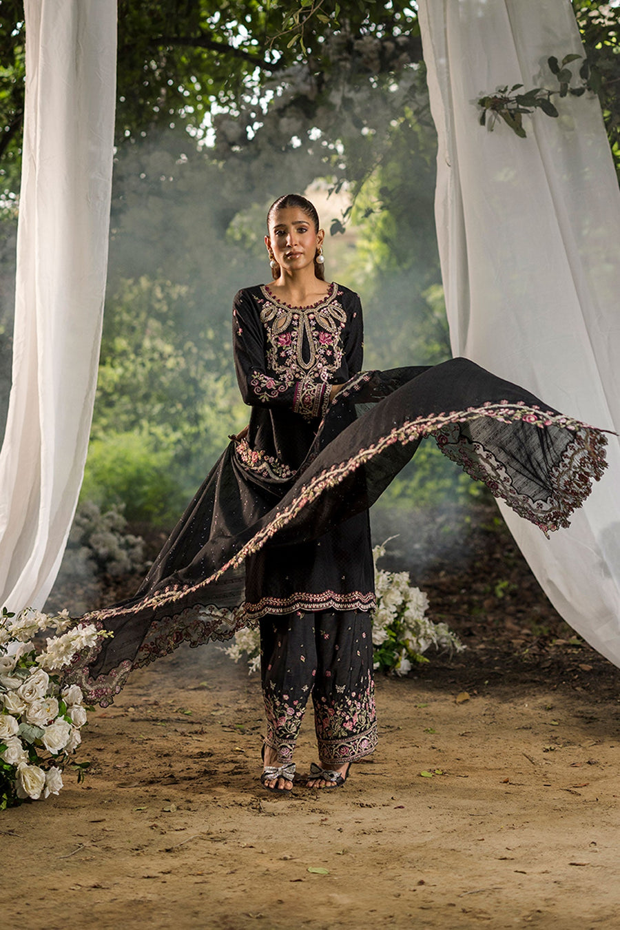 Black Embroidered Cotton Jacquard 3 Piece Pakistani Suit with Silk Dupatta