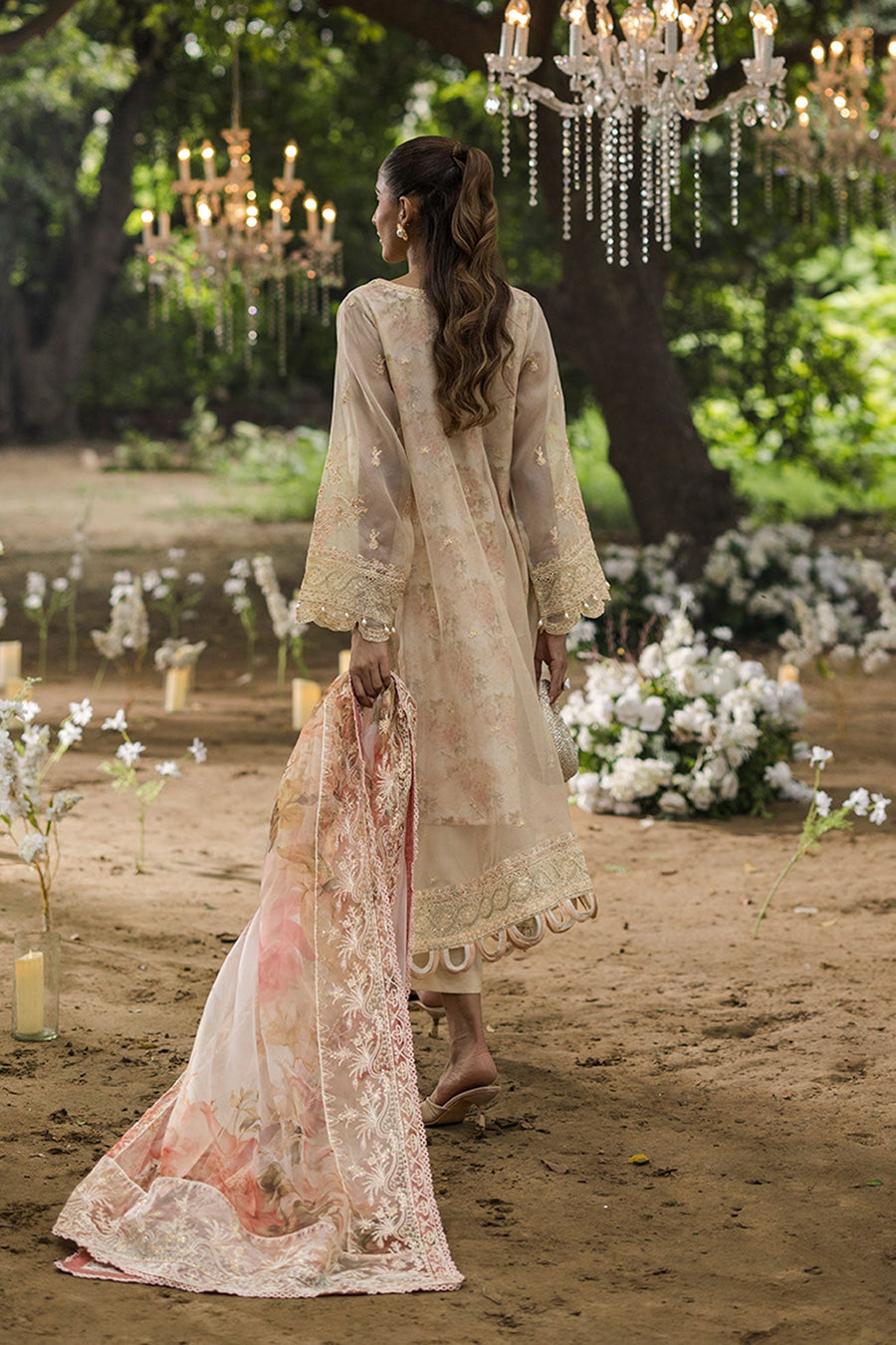 Pastel Jardin Beige Embroidered Organza 3-Piece Suit with Printed Silk Dupatta