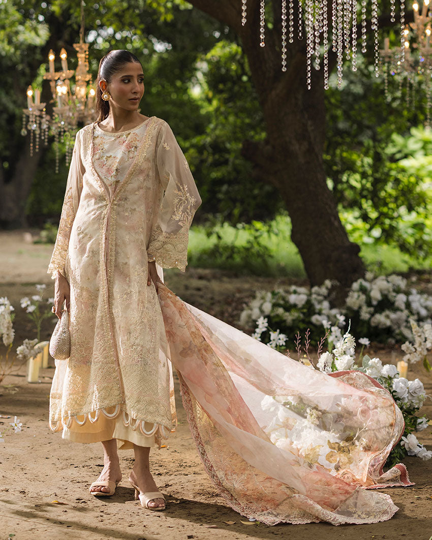 Pastel Jardin Beige Embroidered Organza 3-Piece Suit with Printed Silk Dupatta