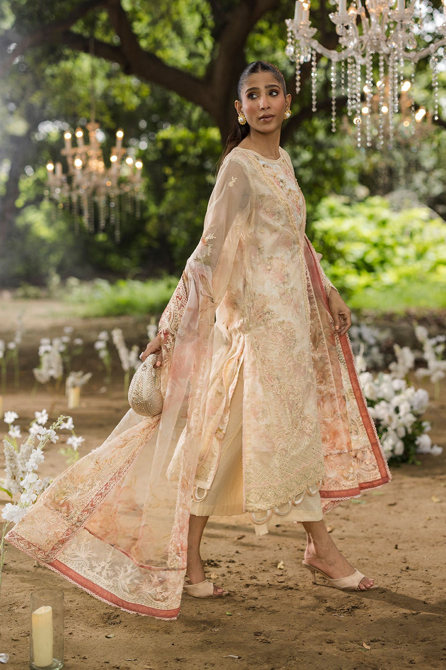 Pastel Jardin Beige Embroidered Organza 3-Piece Suit with Printed Silk Dupatta