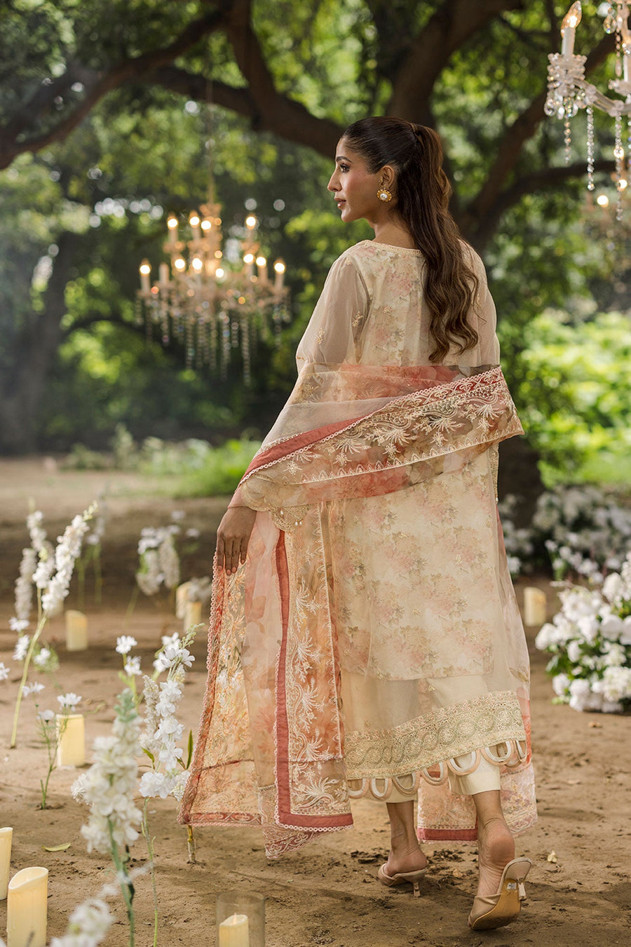 Pastel Jardin Beige Embroidered Organza 3-Piece Suit with Printed Silk Dupatta
