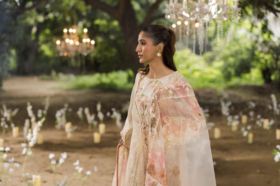 Pastel Jardin Beige Embroidered Organza 3-Piece Suit with Printed Silk Dupatta
