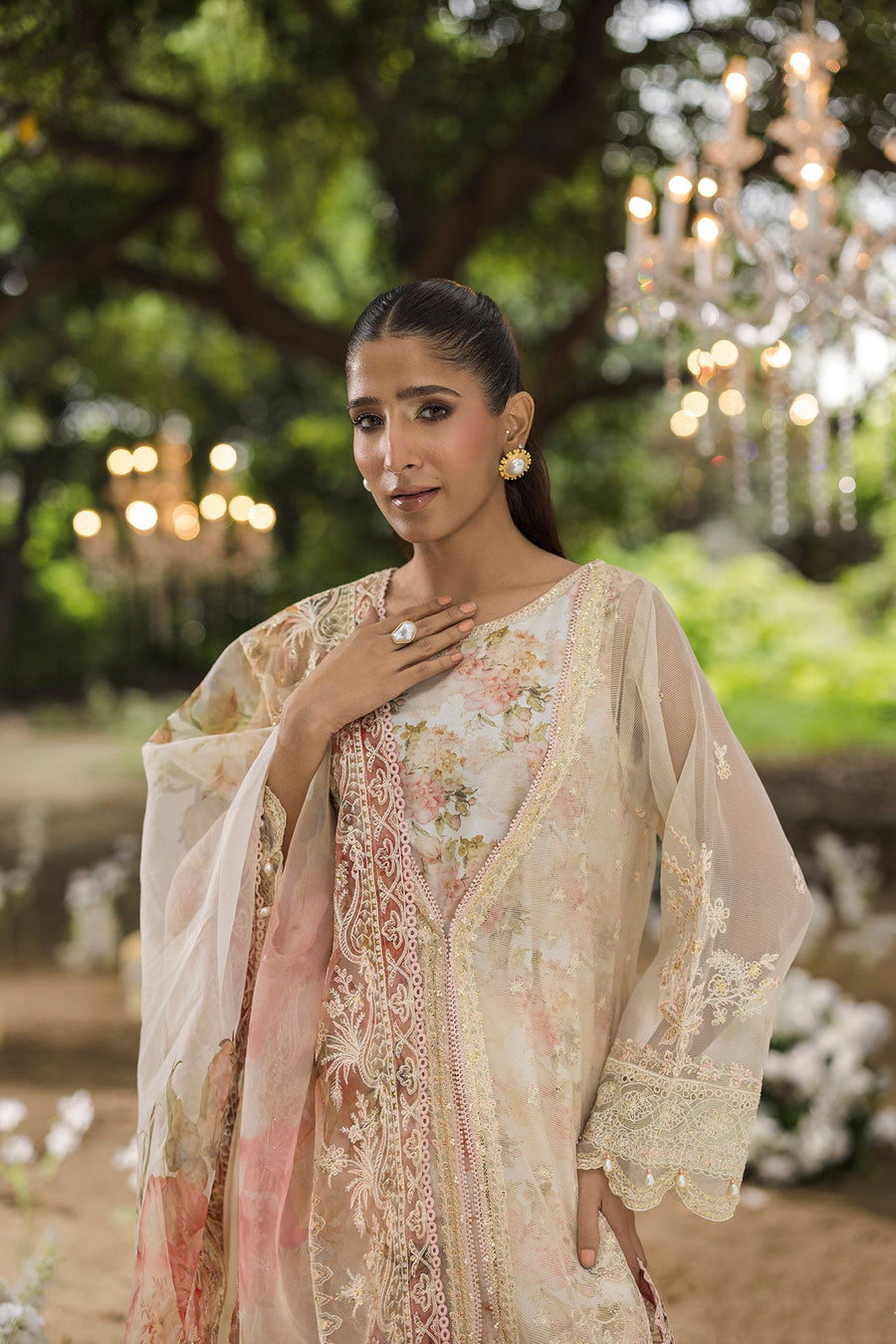 Pastel Jardin Beige Embroidered Organza 3-Piece Suit with Printed Silk Dupatta