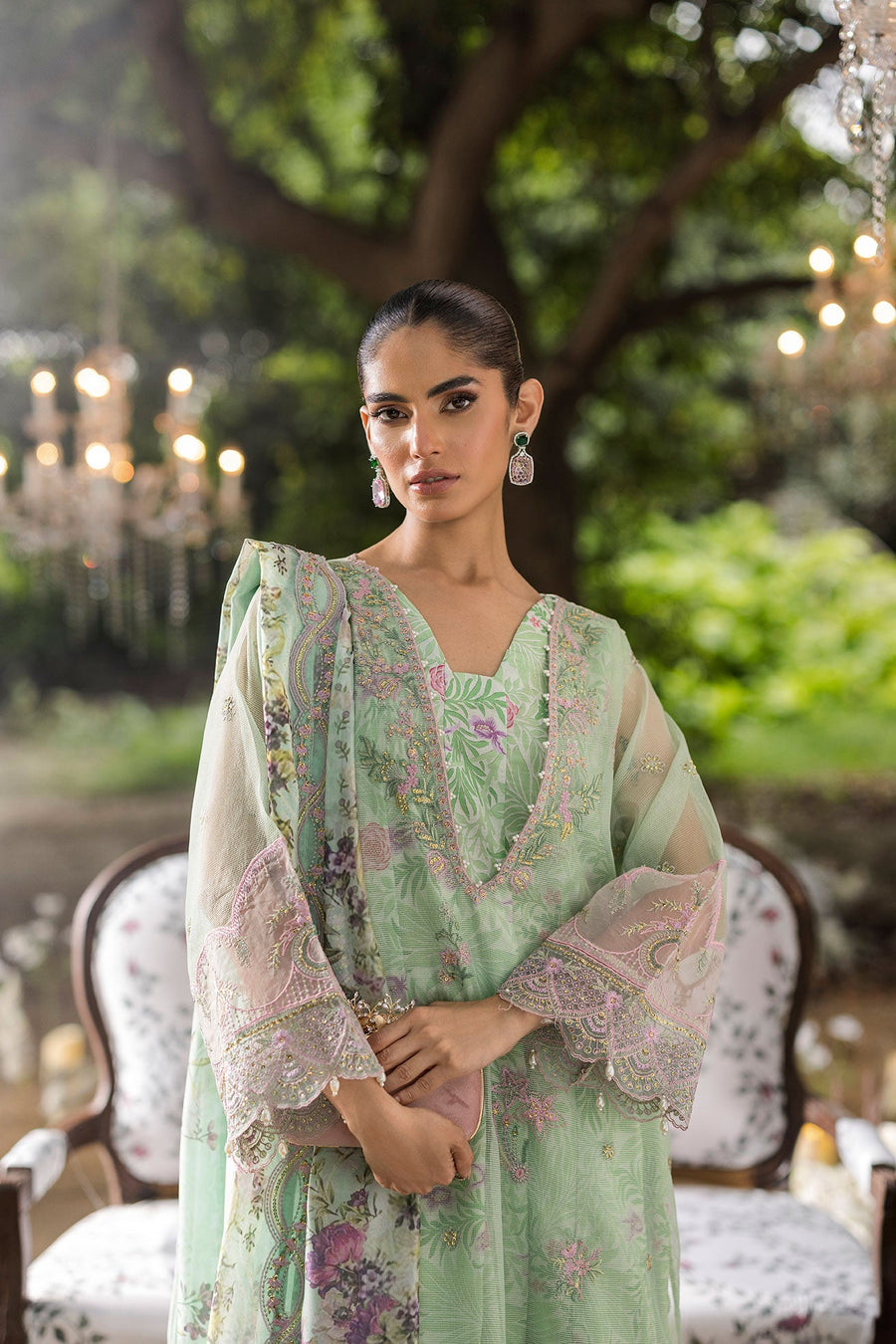 Mint Green Embroidered Organza 3 Piece Pakistani Suit with Silk Dupatta