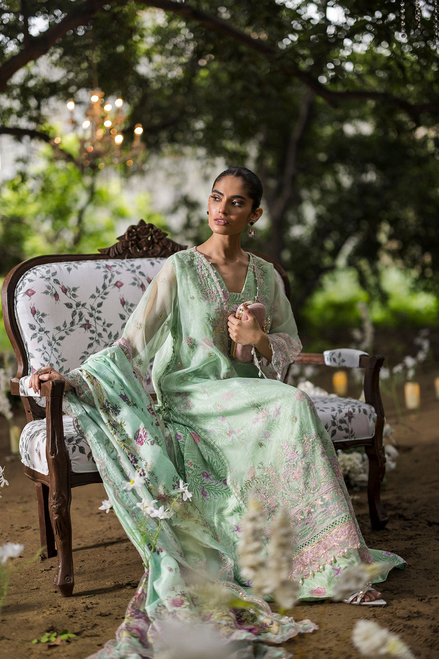 Mint Green Embroidered Organza 3 Piece Pakistani Suit with Silk Dupatta