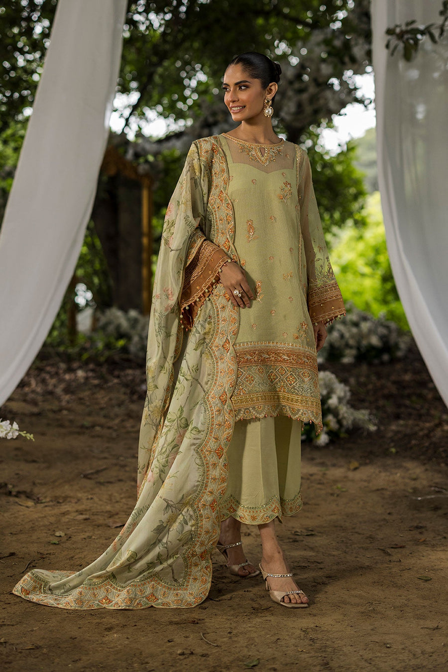Dhanak Jardin Sage Green Embroidered Organza 3-Piece Suit with Floral Silk Dupatta