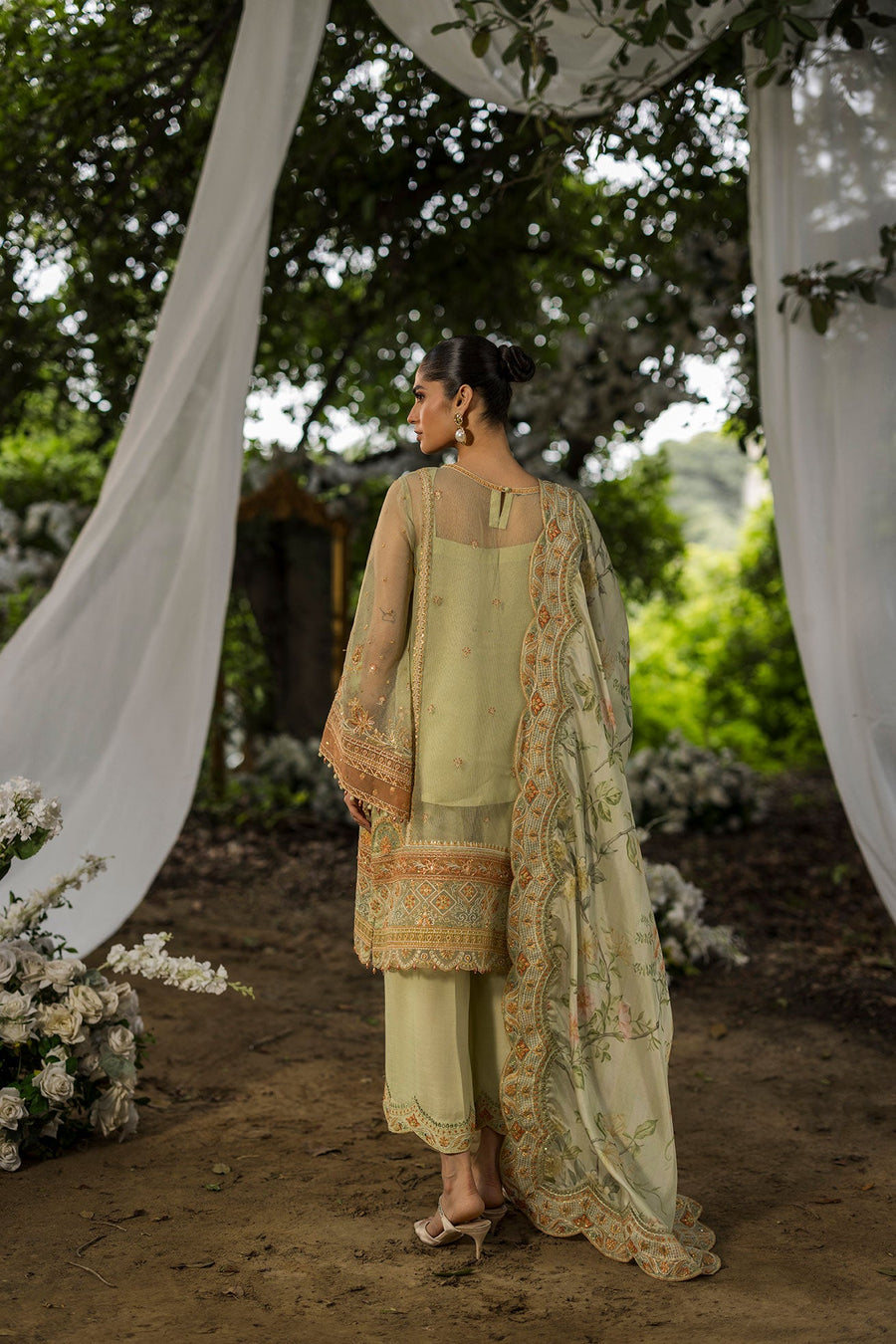 Dhanak Jardin Sage Green Embroidered Organza 3-Piece Suit with Floral Silk Dupatta