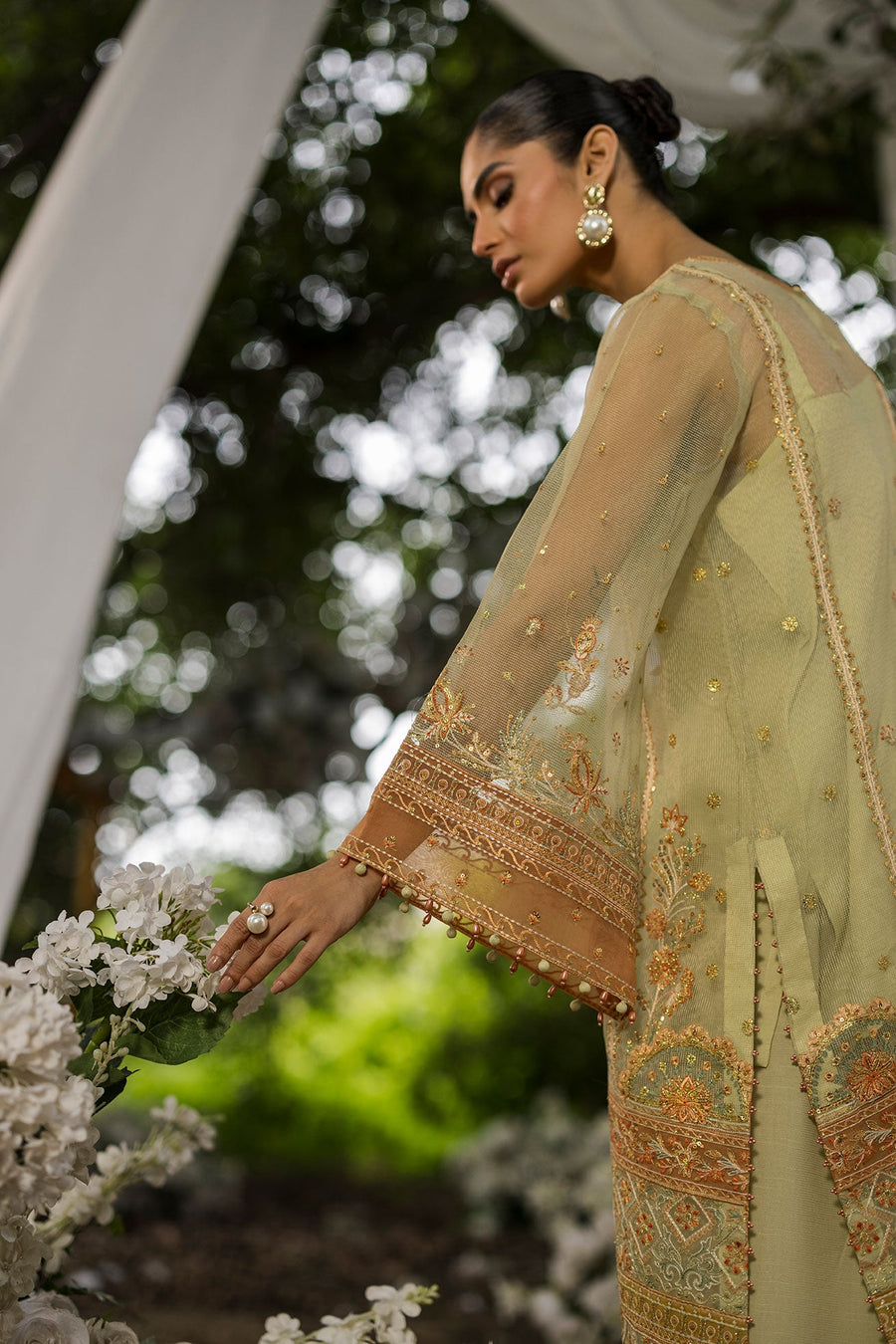 Dhanak Jardin Sage Green Embroidered Organza 3-Piece Suit with Floral Silk Dupatta