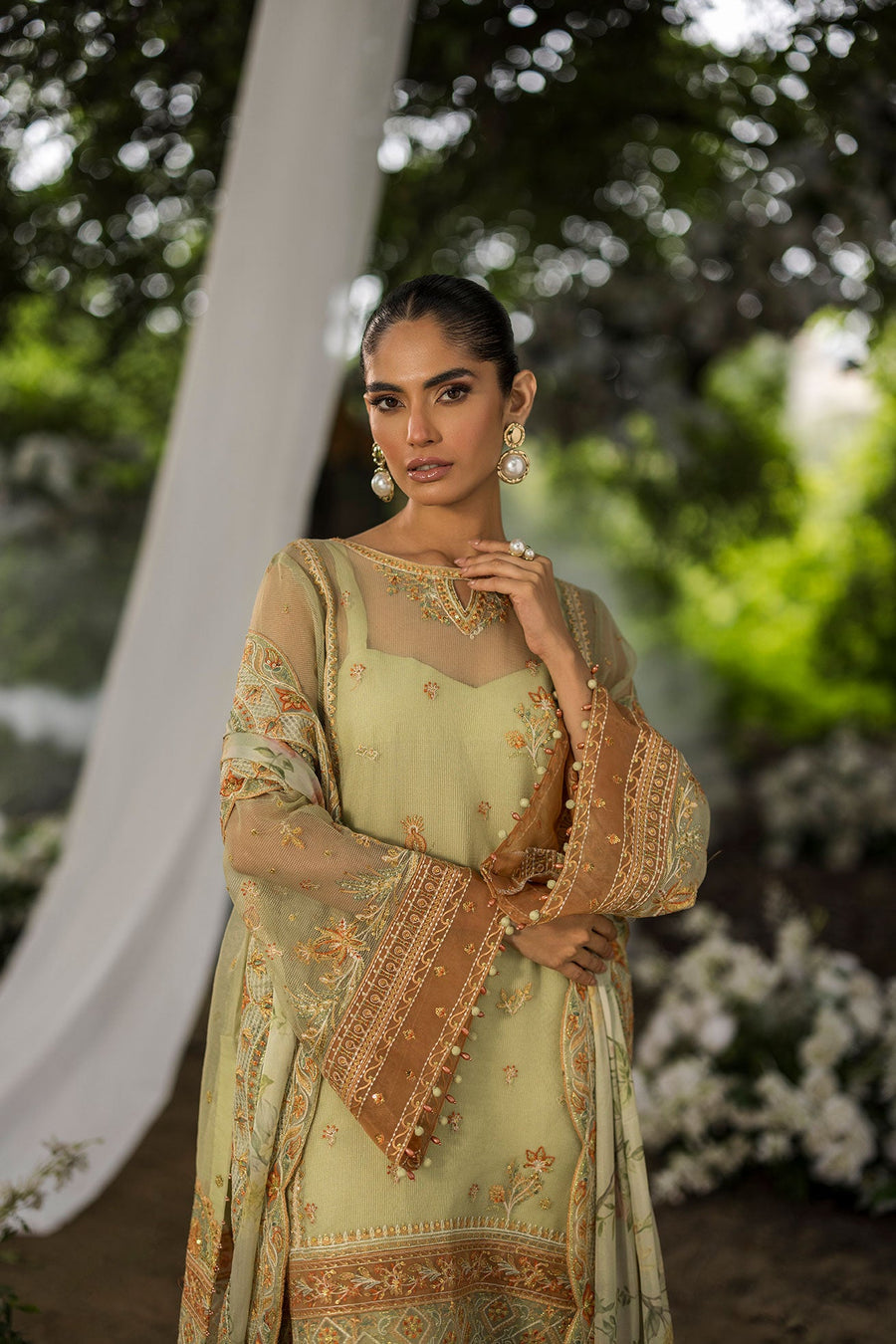 Dhanak Jardin Sage Green Embroidered Organza 3-Piece Suit with Floral Silk Dupatta