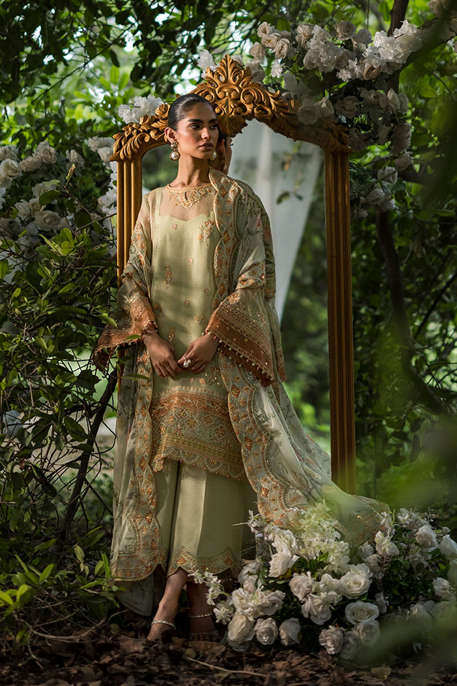 Dhanak Jardin Sage Green Embroidered Organza 3-Piece Suit with Floral Silk Dupatta