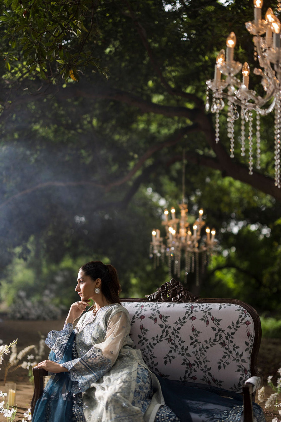 Soft Grey Embroidered Organza 3-Piece Suit with Deep Blue Dupatta