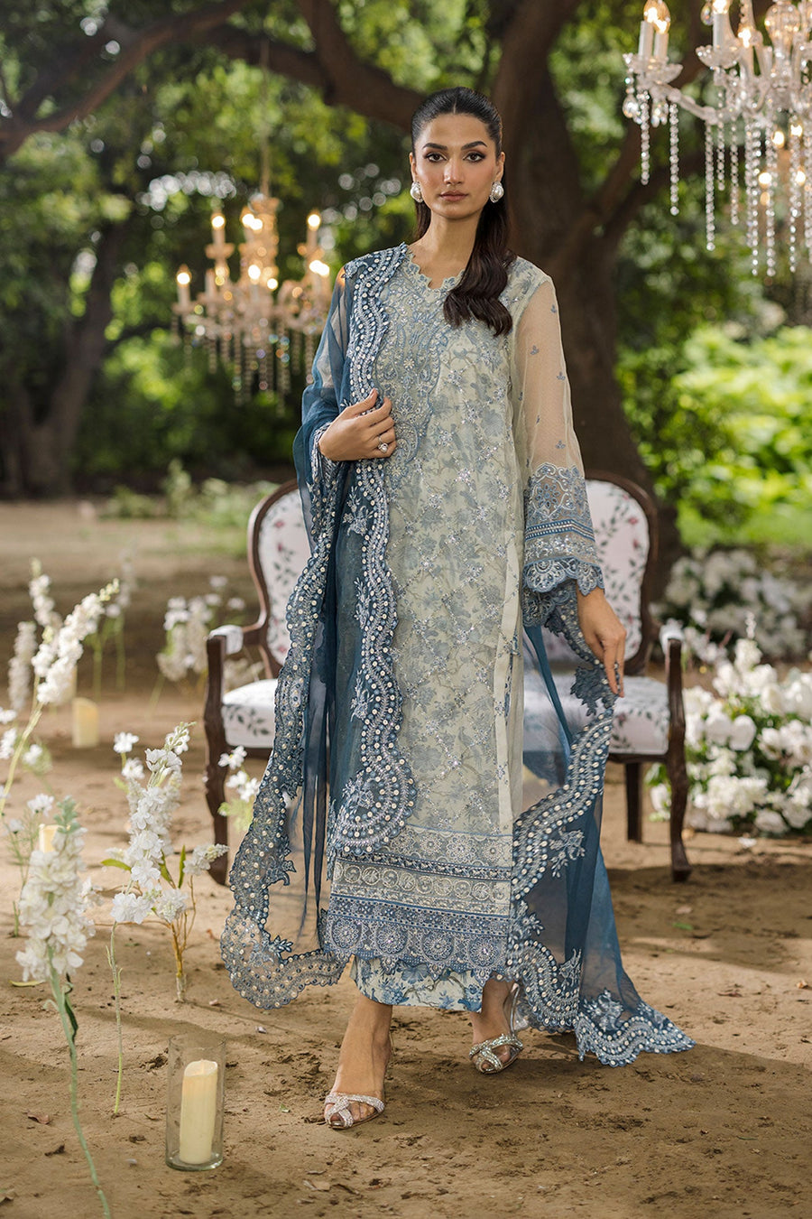 Soft Grey Embroidered Organza 3-Piece Suit with Deep Blue Dupatta