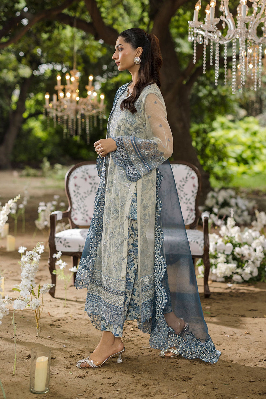 Soft Grey Embroidered Organza 3-Piece Suit with Deep Blue Dupatta