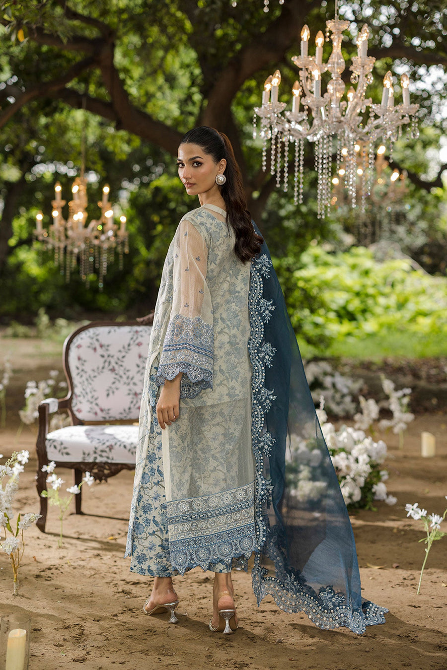 Soft Grey Embroidered Organza 3-Piece Suit with Deep Blue Dupatta