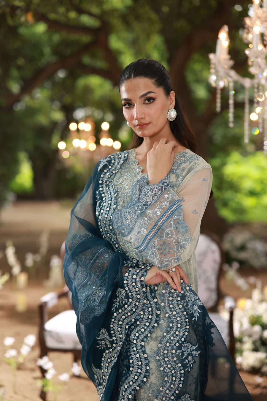 Soft Grey Embroidered Organza 3-Piece Suit with Deep Blue Dupatta