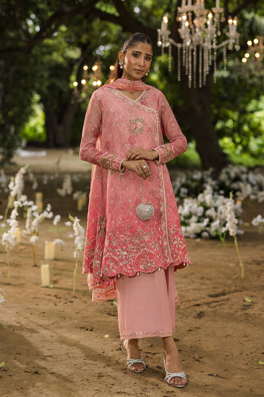 Rose Pink Embroidered Khaddi Net 3 Piece Suit with Silk Dupatta