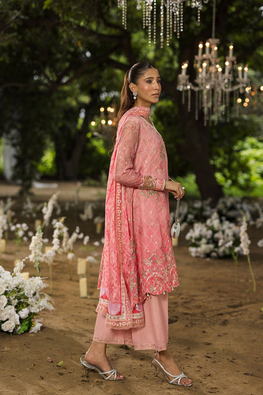 Rose Pink Embroidered Khaddi Net 3 Piece Suit with Silk Dupatta