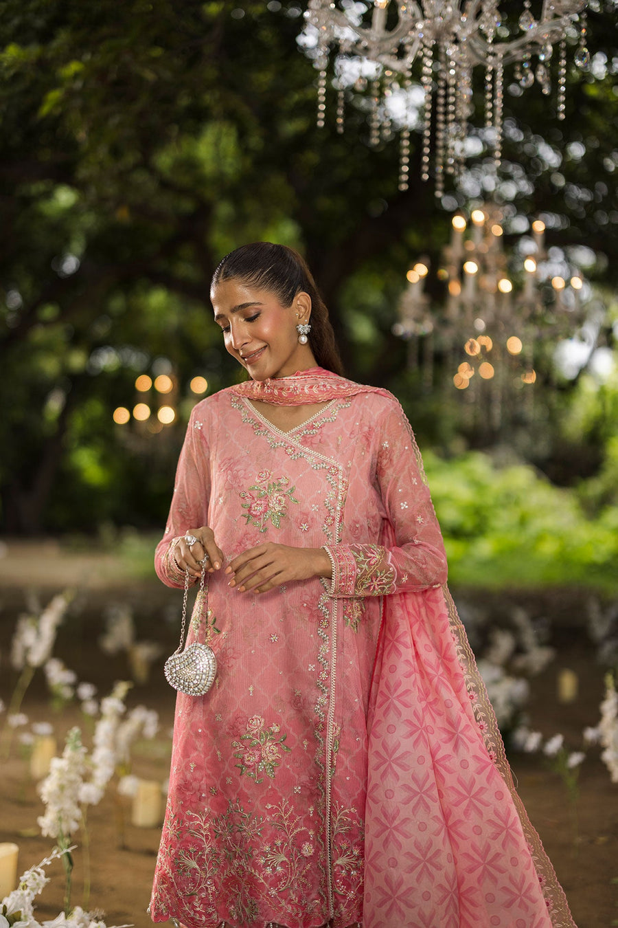 Rose Pink Embroidered Khaddi Net 3 Piece Suit with Silk Dupatta
