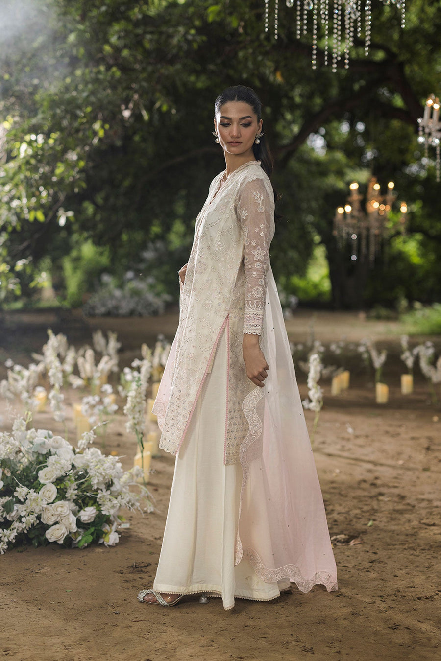 Ethereal Off-White Embroidered Organza 3-Piece Suit with Ombré Dupatta