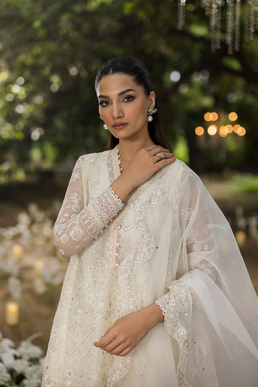 Ethereal Off-White Embroidered Organza 3-Piece Suit with Ombré Dupatta