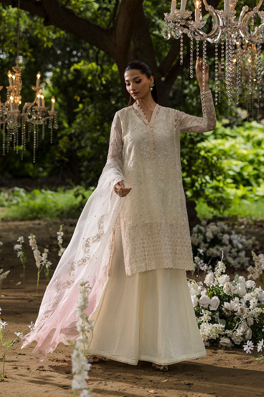 Ethereal Off-White Embroidered Organza 3-Piece Suit with Ombré Dupatta