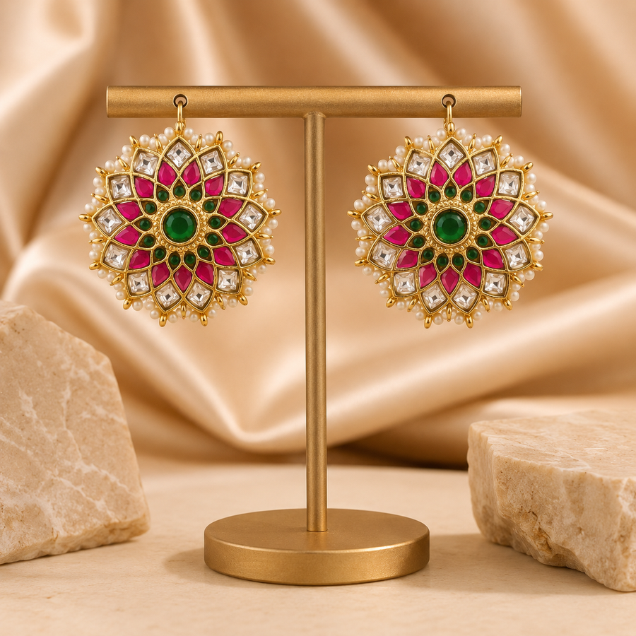 Pink and Green Jadau Kundan Floral Stud Earrings with Pearl Border