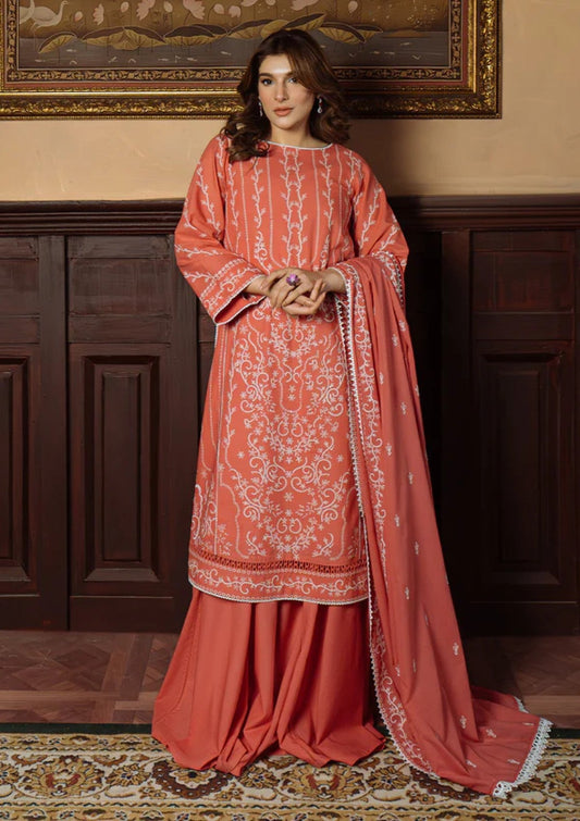 Gilded Coral Chikankari Lawn Sharara Suit with Embroidered Dupatta - Pehnaawaa