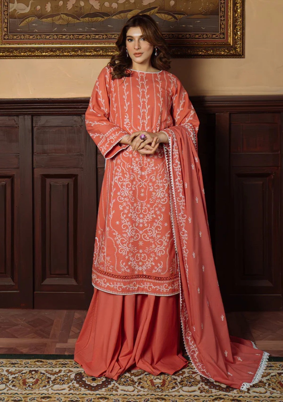 Gilded Coral Chikankari Lawn Sharara Suit with Embroidered Dupatta