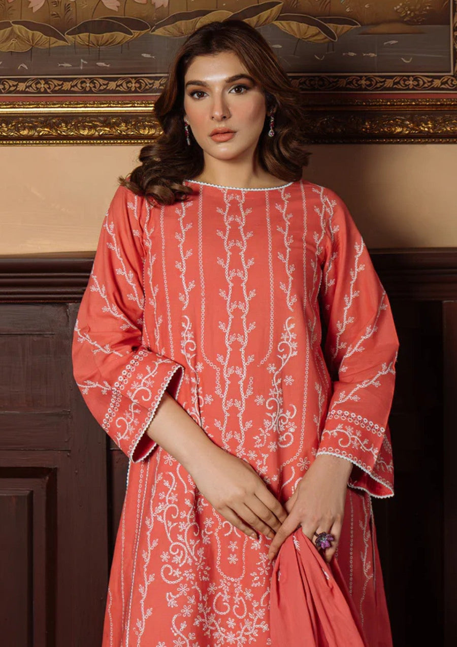 Gilded Coral Chikankari Lawn Sharara Suit with Embroidered Dupatta - Pehnaawaa