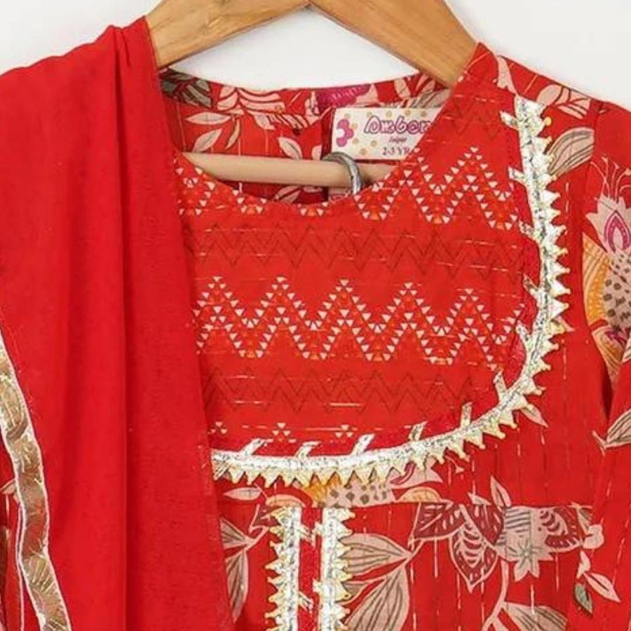 Girls Red Floral Yoke Kurti with Leheriya Sharara and Dupatta (3 Piece)