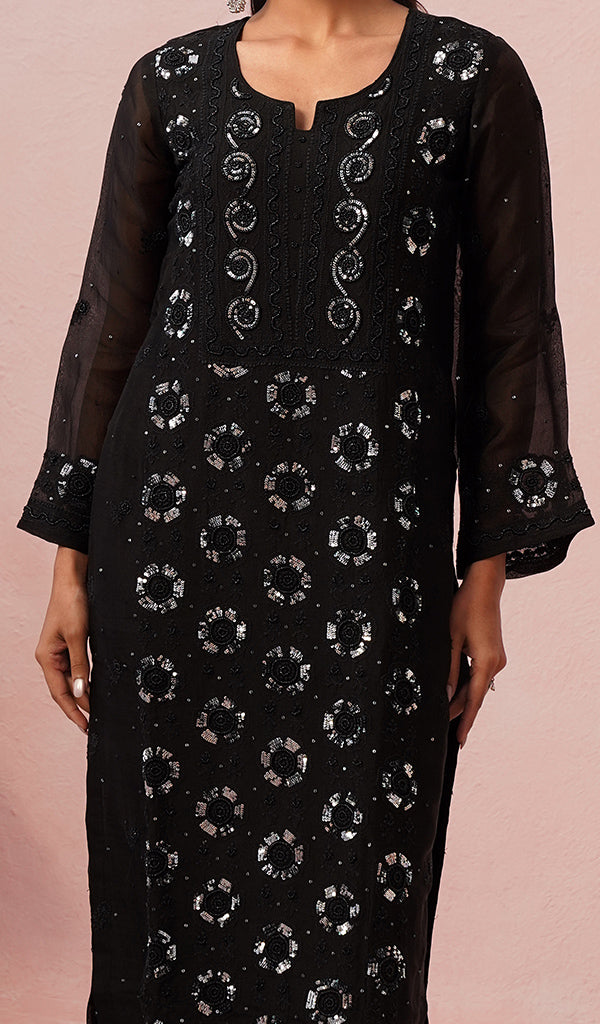 Women's Lucknowi Handcrafted Pure Organza Silk Stitched Chikankari Kurta, Dupatta With Pant Set
