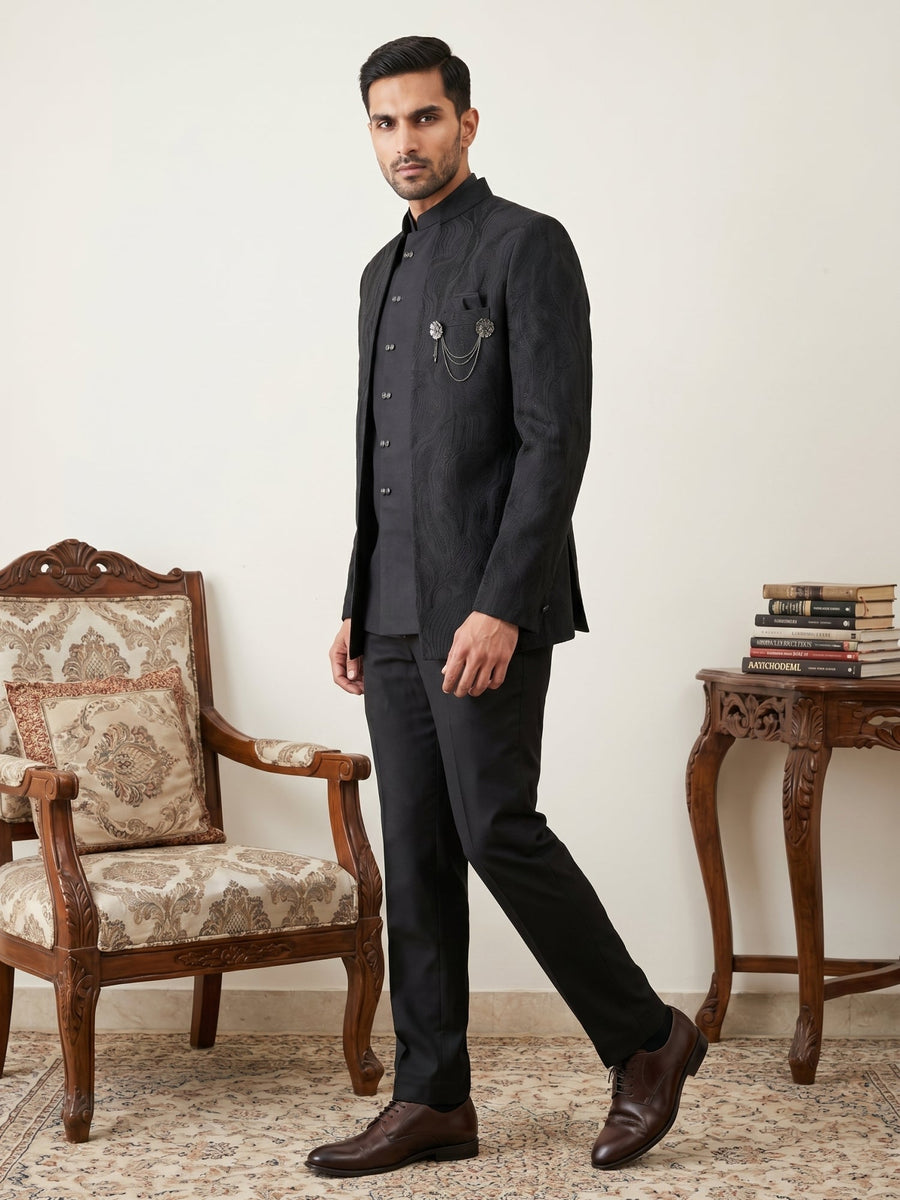 Men's Cotton Blend Embroidered Indo-Western Set ( 50JIND 218Black )