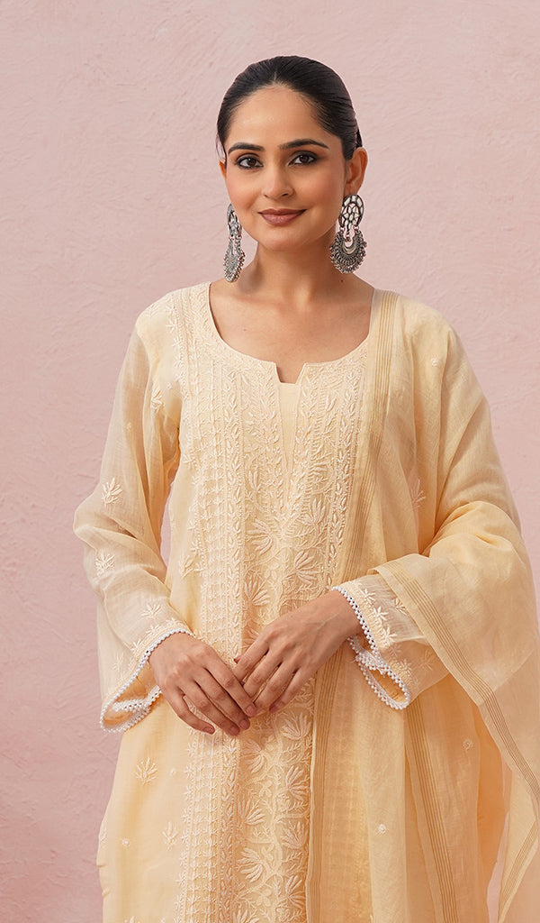 Women's Lakhnavi Handcrafted Mul Chanderi Chikankari Stitched Kurta, Dupatta And Pant Set - HONC0457995