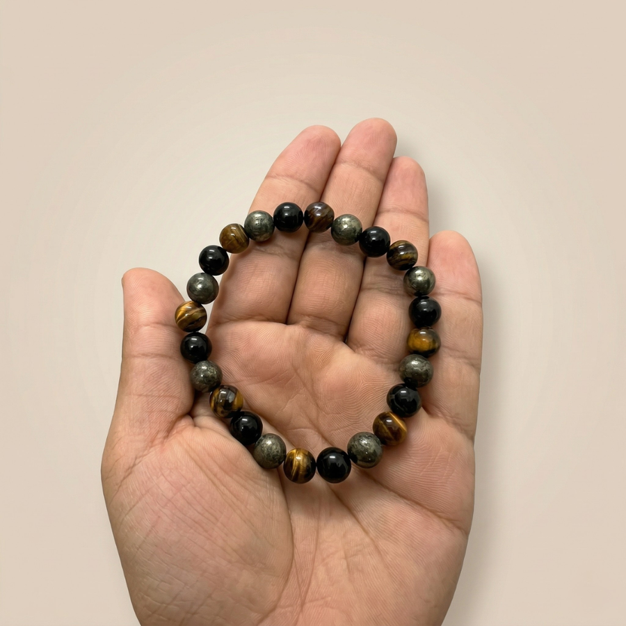 Triple Protection Bracelet – Natural Hematite, Tiger Eye & Black Obsidian Beaded Bracelet for Protection, Strength & Positive Energy