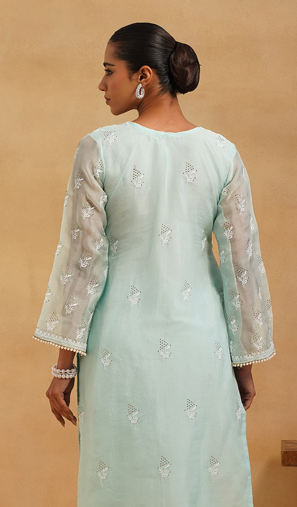 Women's Lucknowi Handcrafted Pure Organza Silk Stitched Chikankari Kurta, Dupatta With Pant Set