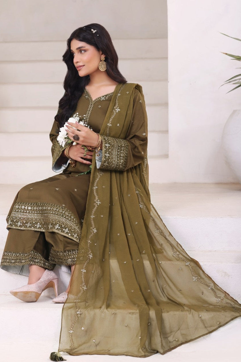 Green Punkh 3 piece stitched embroidered suit