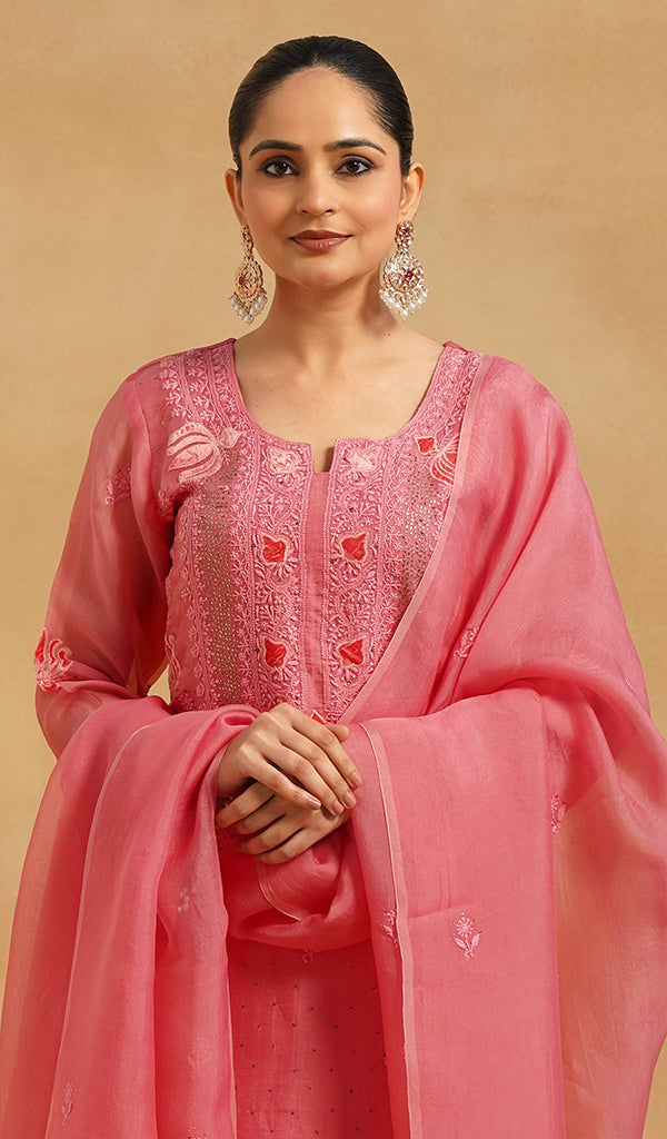 Women's Lucknowi Handcrafted Pure Organza Silk Stitched Chikankari Kurta, Dupatta With Pant Set