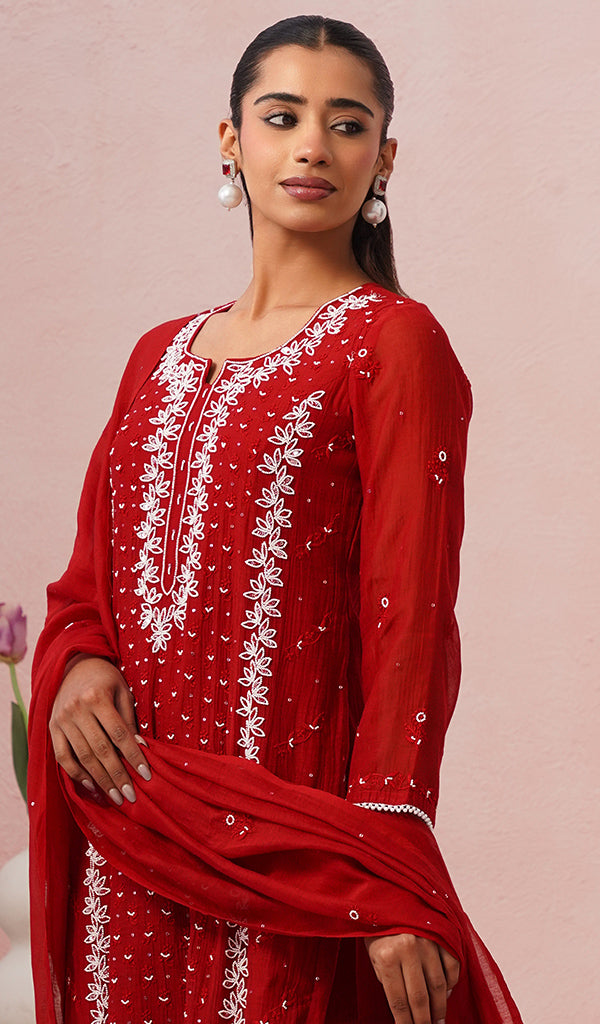 Saziya Women's Lakhnavi Handcrafted Mul Chanderi Chikankari Stitched Kurta, Dupatta And Pant Set