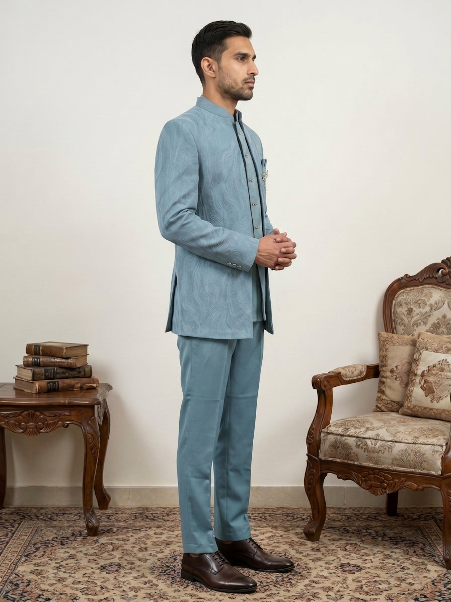 Men's Cotton Blend Embroidered Indo-Western Set ( 50JIND 218Sky )