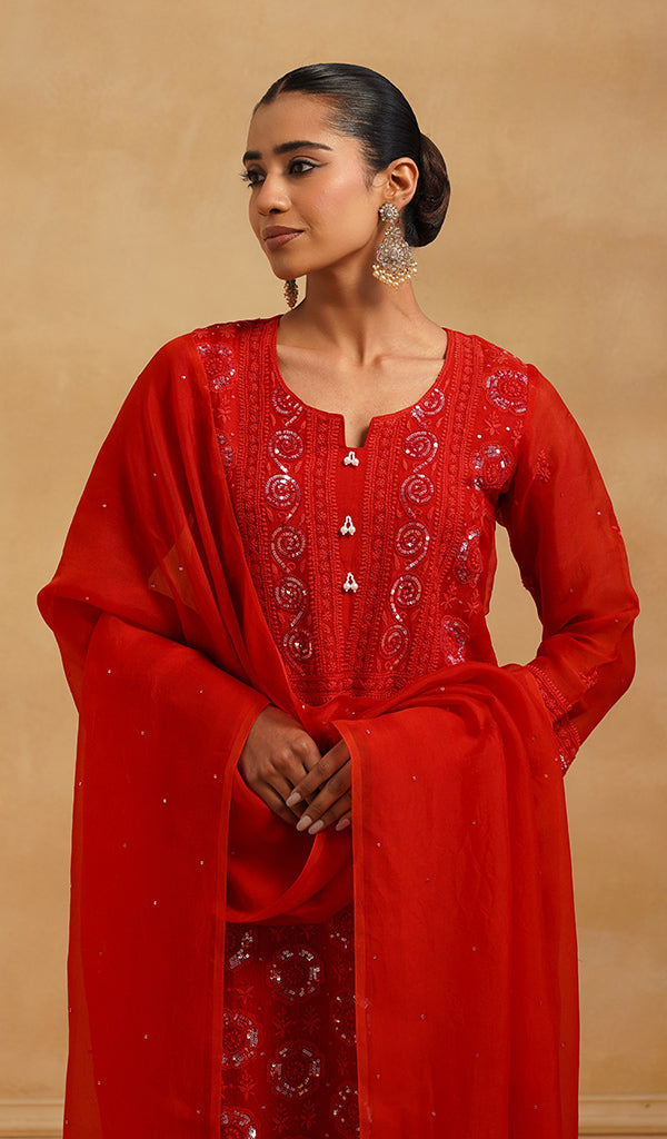 Women's Lucknowi Handcrafted Pure Organza Silk Stitched Chikankari Kurta, Dupatta With Pant Set