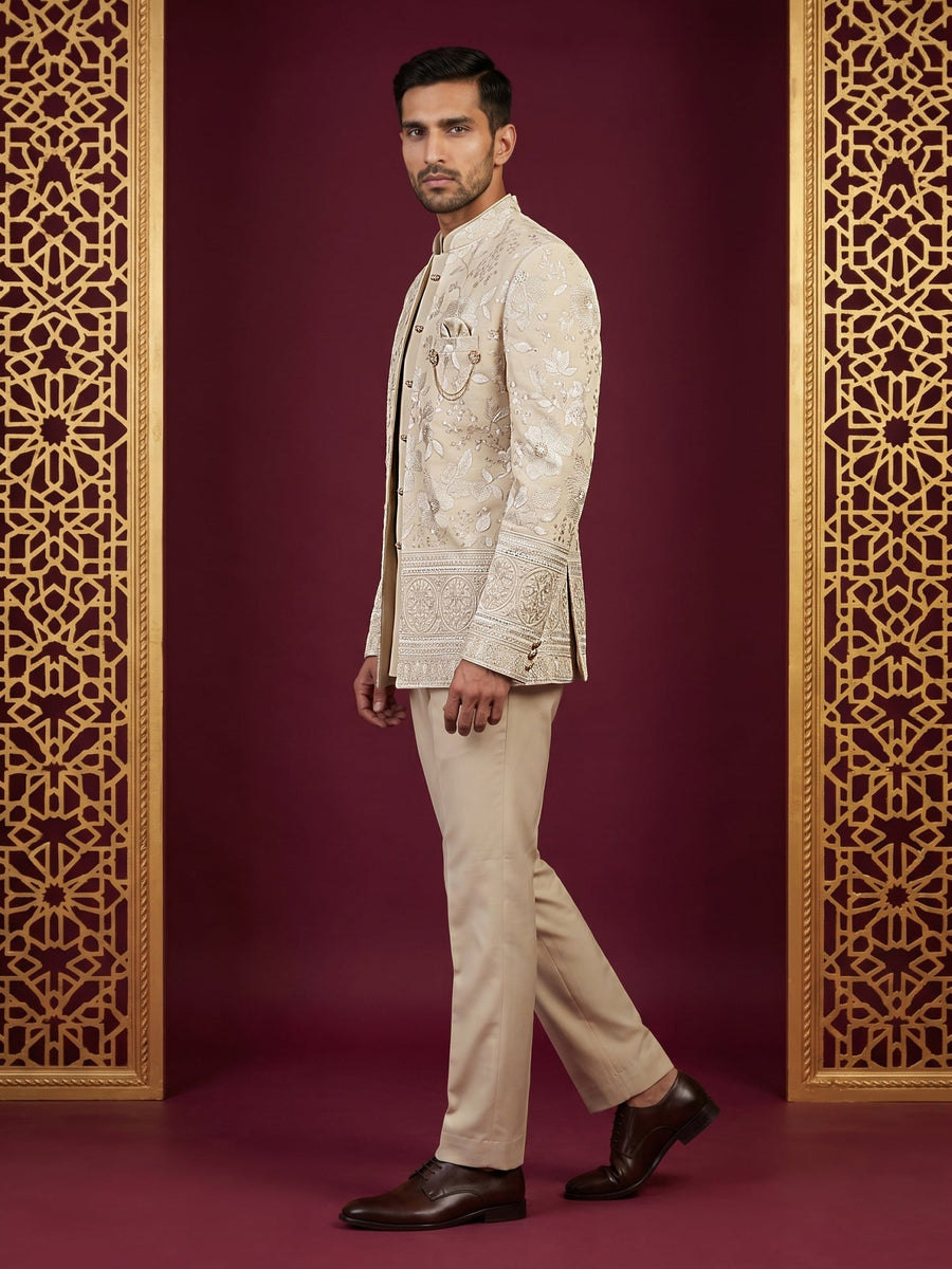 Silk Blend Floral Embroidered Indo-Western Set ( 50JIND 227Beige )