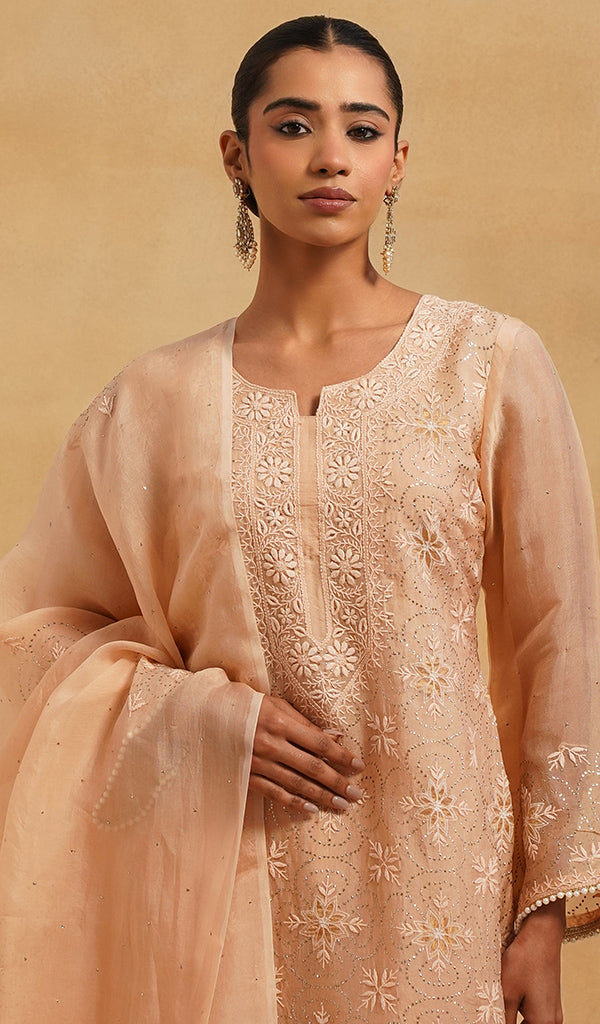 Women's Lucknowi Handcrafted Pure Organza Silk Stitched Chikankari Kurta, Dupatta With Pant Set- HONC054558