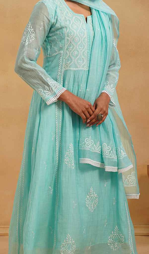Women's Lakhnavi Handcrafted Mul Chanderi Chikankari Stitched Kurta, Dupatta And Pant Set - HONC0824547 - Pehnaawaa