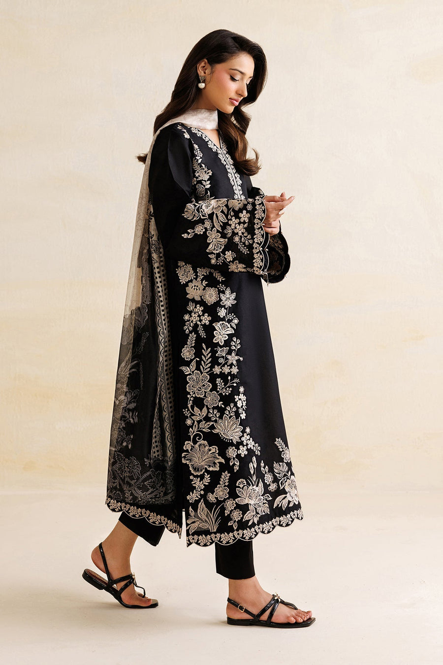 Black Embroidered Lawn Suit with Silk Dupatta