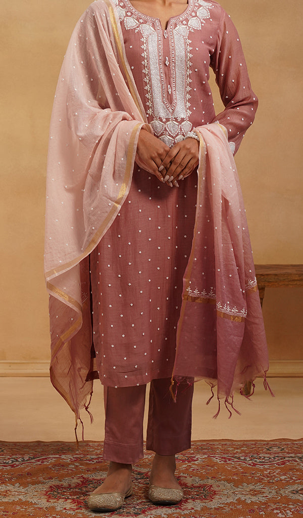 Jazba Women's Lakhnavi Handcrafted Mul Chanderi Chikankari Stitched Kurta, Dupatta And Pant Set