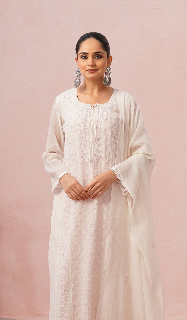 Saziya Women's Lakhnavi Handcrafted Mul Chanderi Chikankari Stitched Kurta, Dupatta And Pant Set - HONC01327945