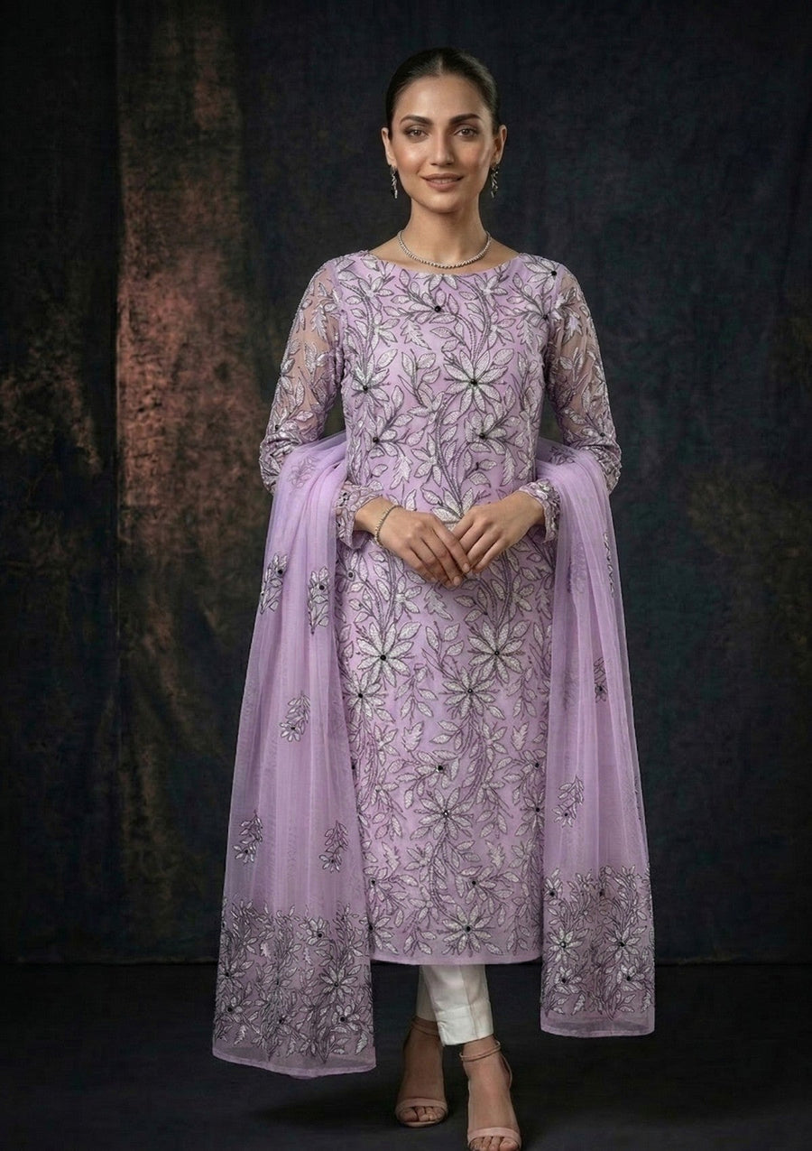 Lavender Chikankari & Mukesh Work Net Suit with Dupatta - Pehnaawaa
