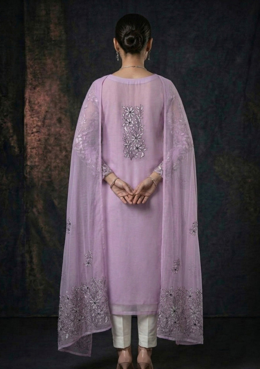 Lavender Chikankari & Mukesh Work Net Suit with Dupatta - Pehnaawaa