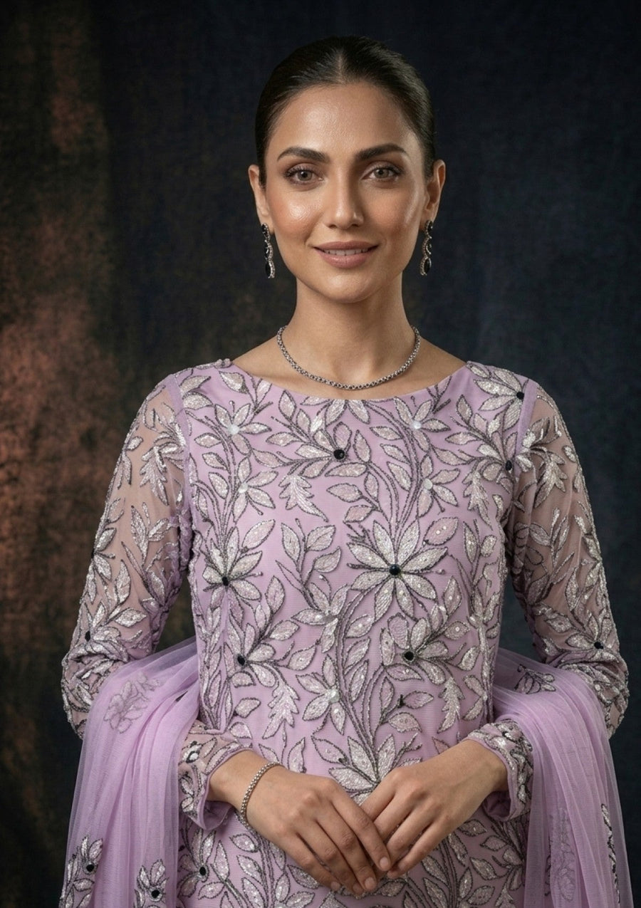 Lavender Chikankari & Mukesh Work Net Suit with Dupatta - Pehnaawaa