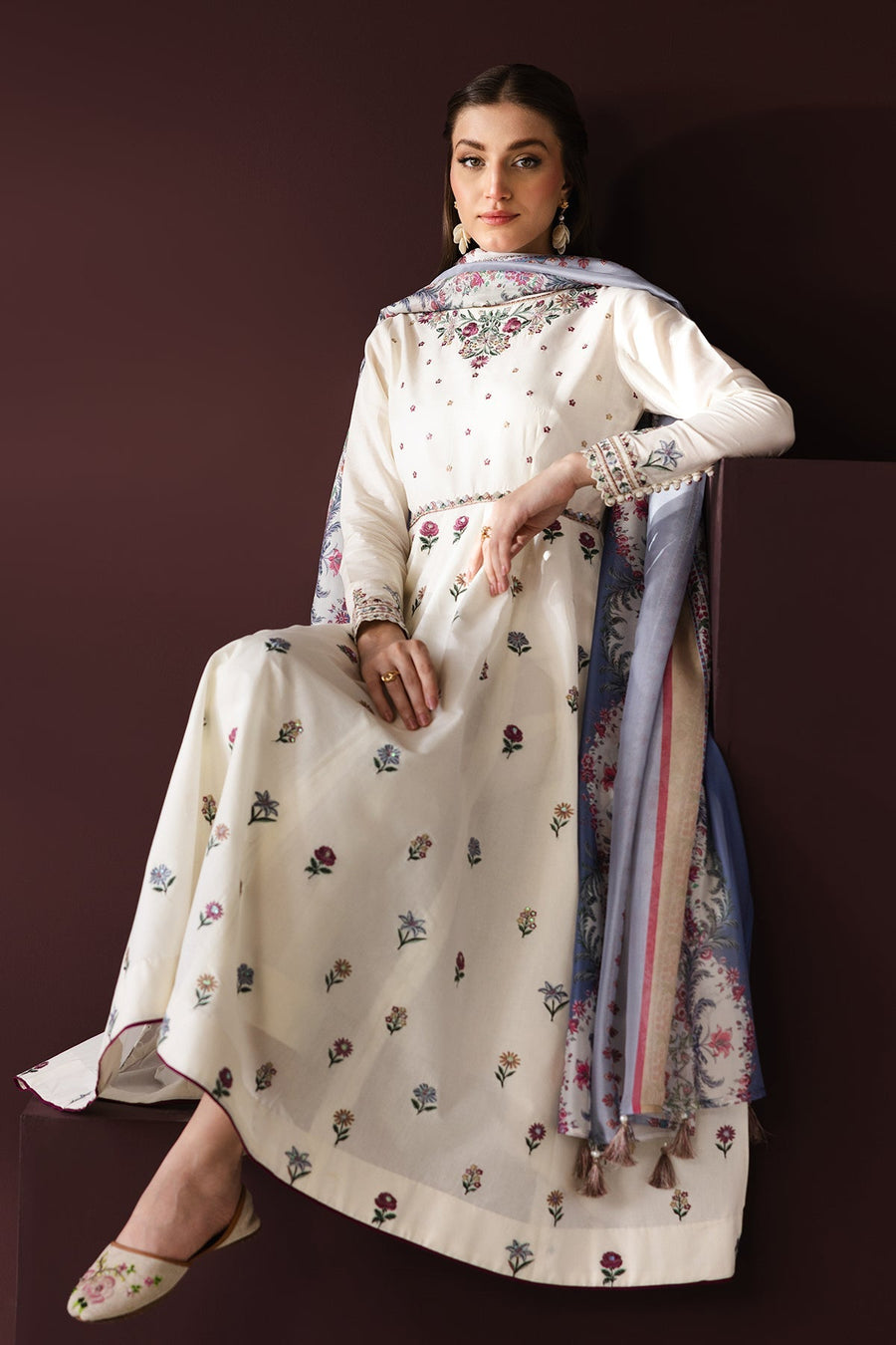 Embroidered Self Jacquard 3-Piece Pret Suit with Silk Dupatta